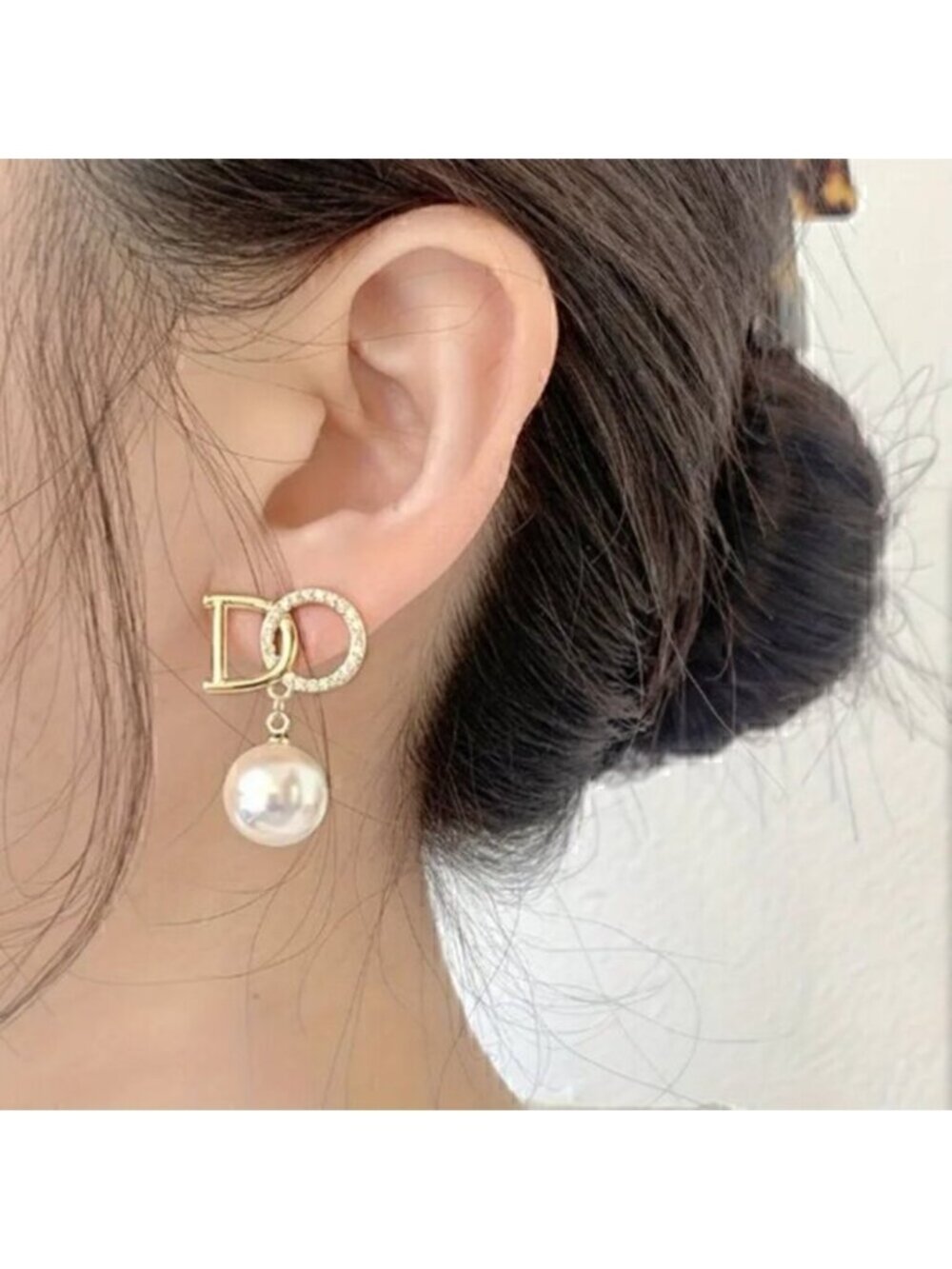 Pearl Pendant Letter Stud Rhinestone Earrings
